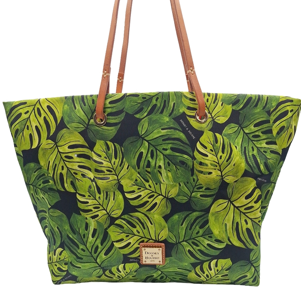 Dooney & Bourke Green Tropical Leaf Canvas Tote with Tan Leather Straps - Picture 2 of 11